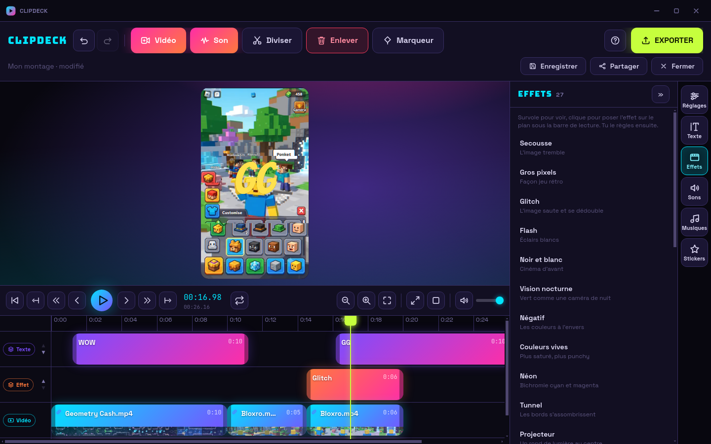 Une partie Roblox coupée, un GG posé, le panneau Effets ouvert