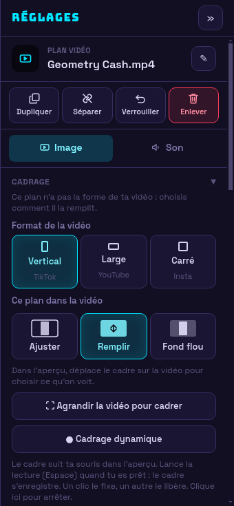 Le panneau Réglages d'un plan : format, cadrage, vitesse